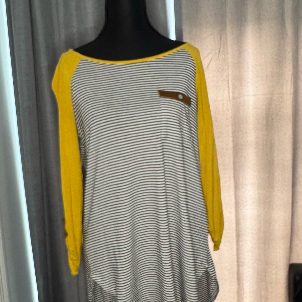 Pink Clover Black and White Striped Top with Yellow Trim